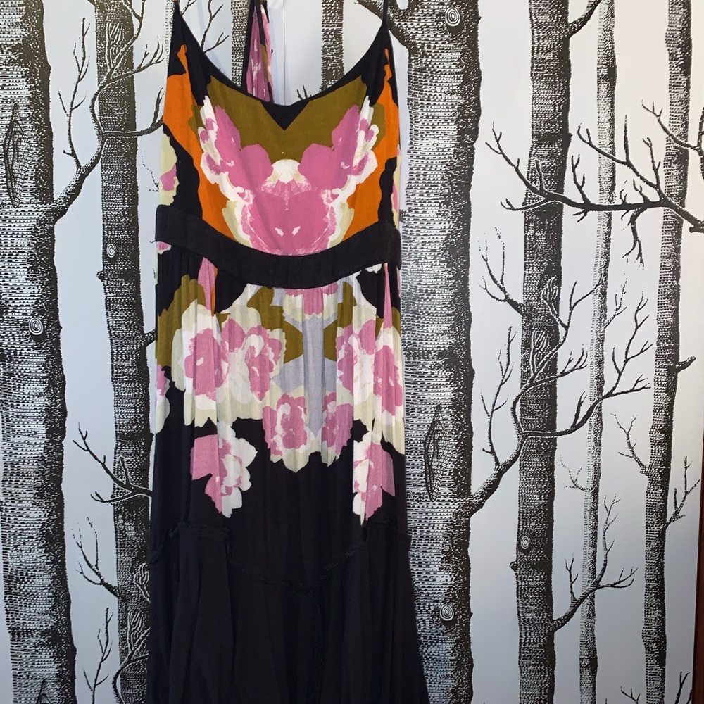 Free People backless, black/pink floral dress